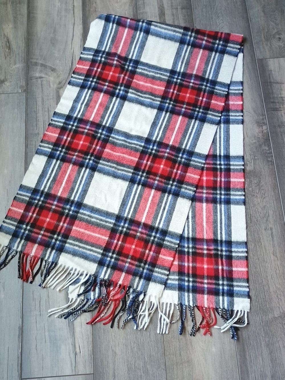 Plaid Fringe Scarf in Red, Navy & White